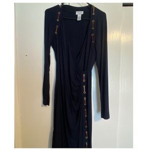 Navy Blue with Brown Leather V-Neck Line Mid Dress
